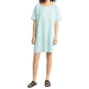 Eileen Fisher 3X Dress Linen Dolman‎ Sleeve Mini Green Pockets Lagenlook Minimal